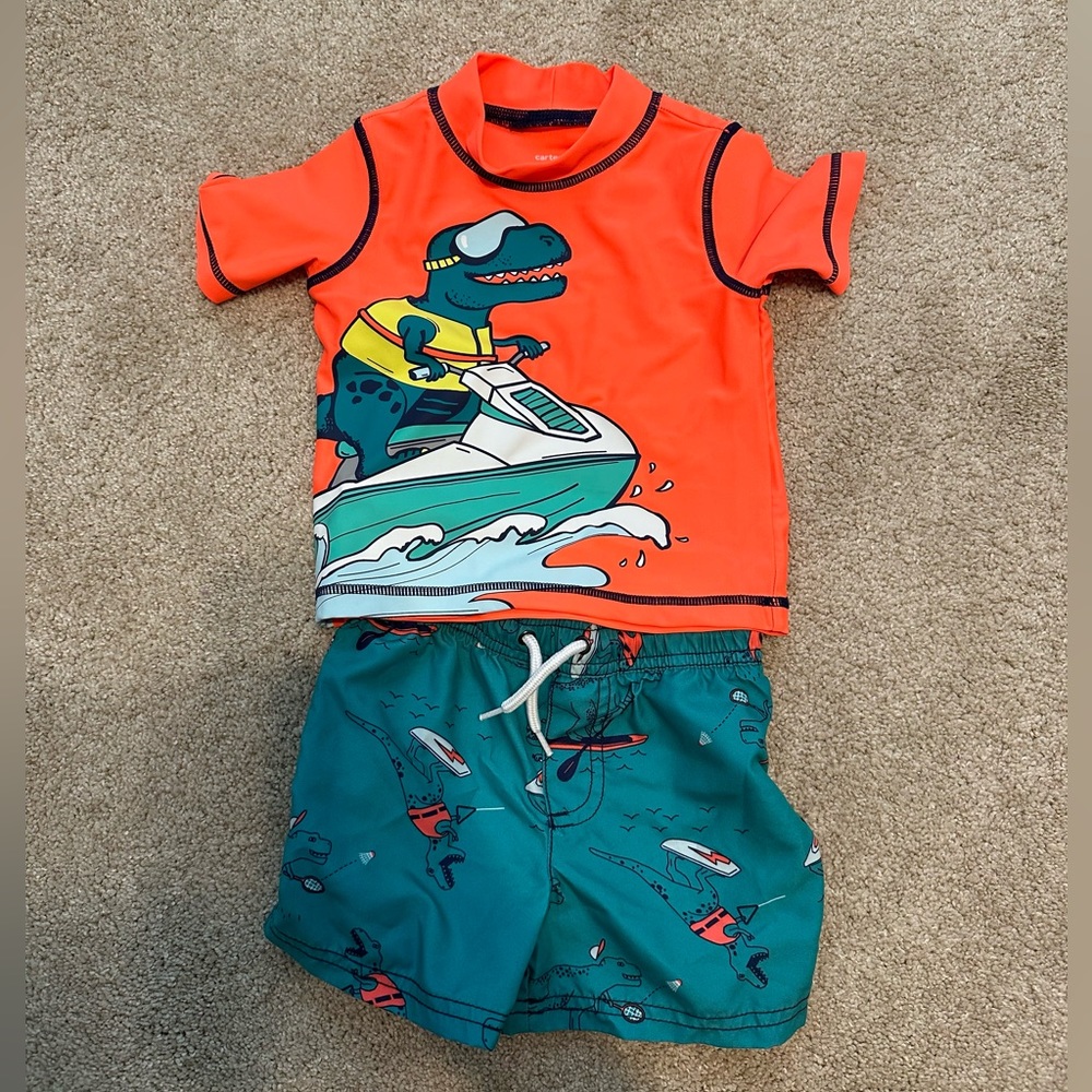 NWOT 18m Dinosaur Carter’s Rash Guard and Swim Trunk Set